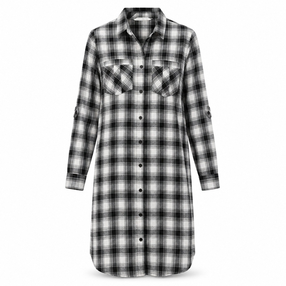 Given Kale Shirt Dress M Black White Plaid Roll-Tab Sleeve Grunge
